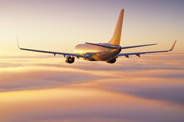 Golden Flight Airplane soaring over cloudscape at sunset, aerial transport