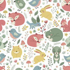 Seamless Pattern, Adorable woodland animal pattern with sleeping foxes, bears, bunnies, birds and squirrels Stock royalty free  image.