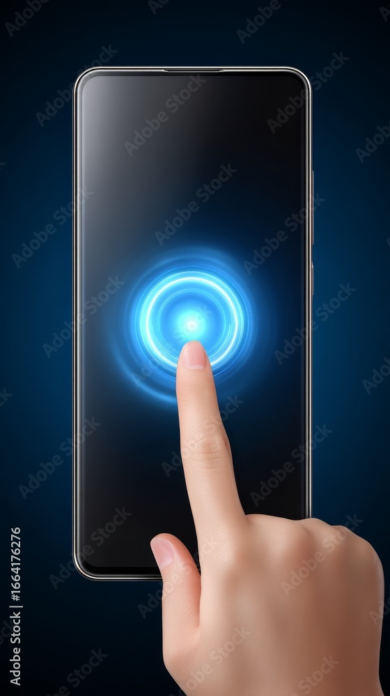 Aufkleber a close up view of a hand holding a modern mobile device with a finger touching the glowing screen t