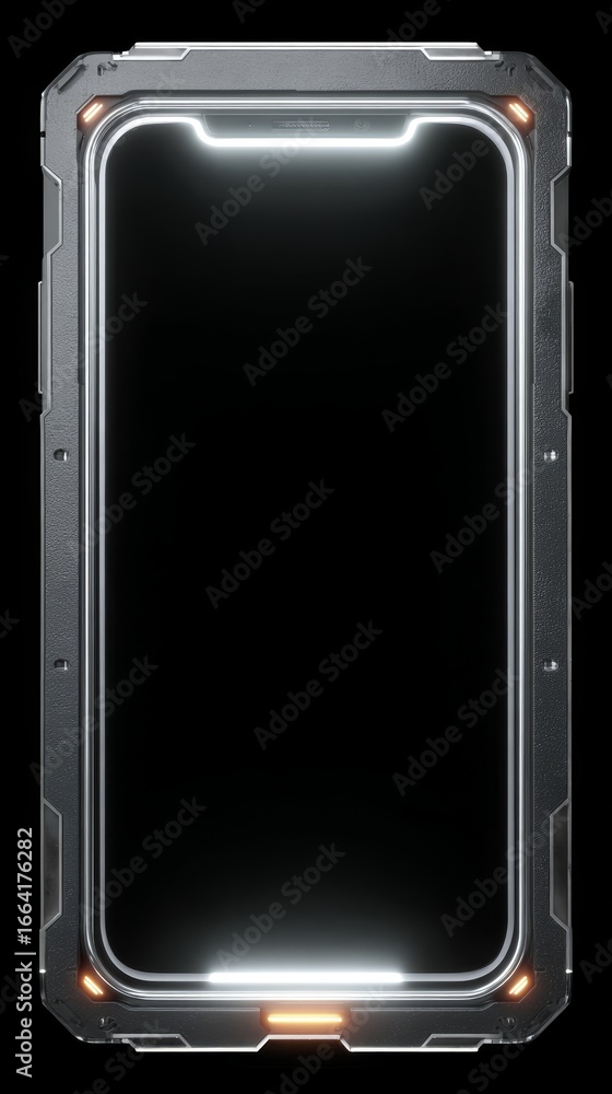 Poster close up view of the back of a modern black smartphone with a bright glowing circular light feature 