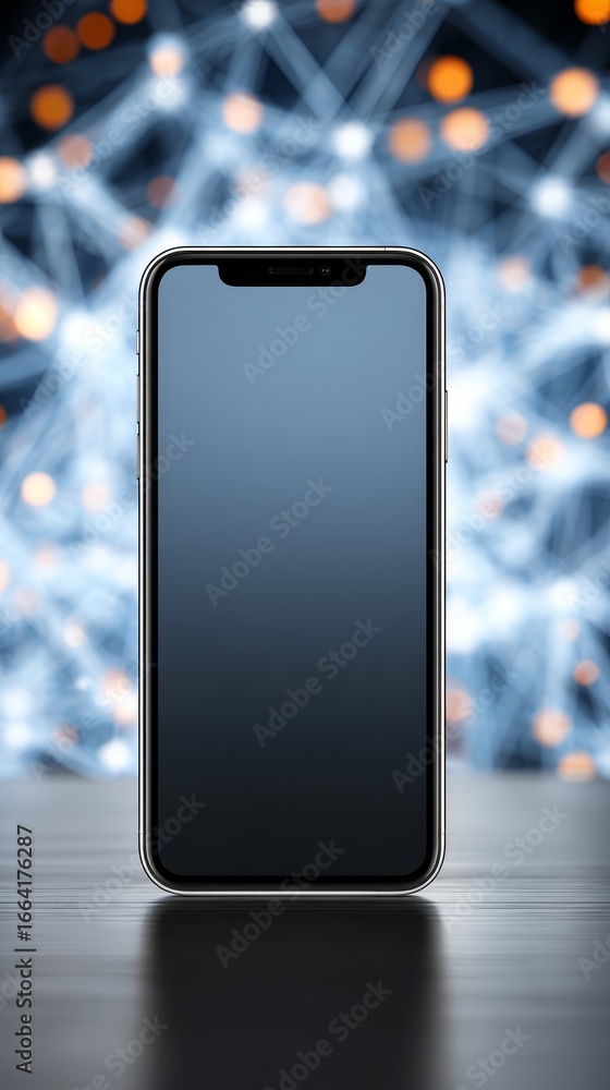Poster close up view of a modern black cellular device with a glowing blue digital screen placed flat on a 