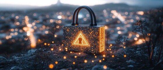 Glowing digital padlock on a rocky surface. Bokeh city lights in the blurred background, futuristic concept