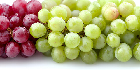 Green and Red Grapes Cluster on White Background