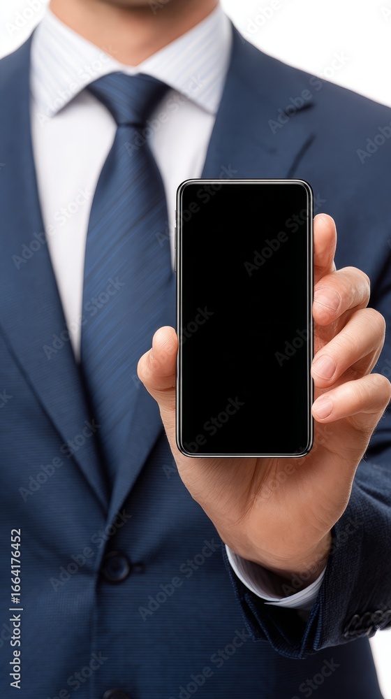 Poster professional businessman in sharp formal suit checks his modern cellular device for important messag