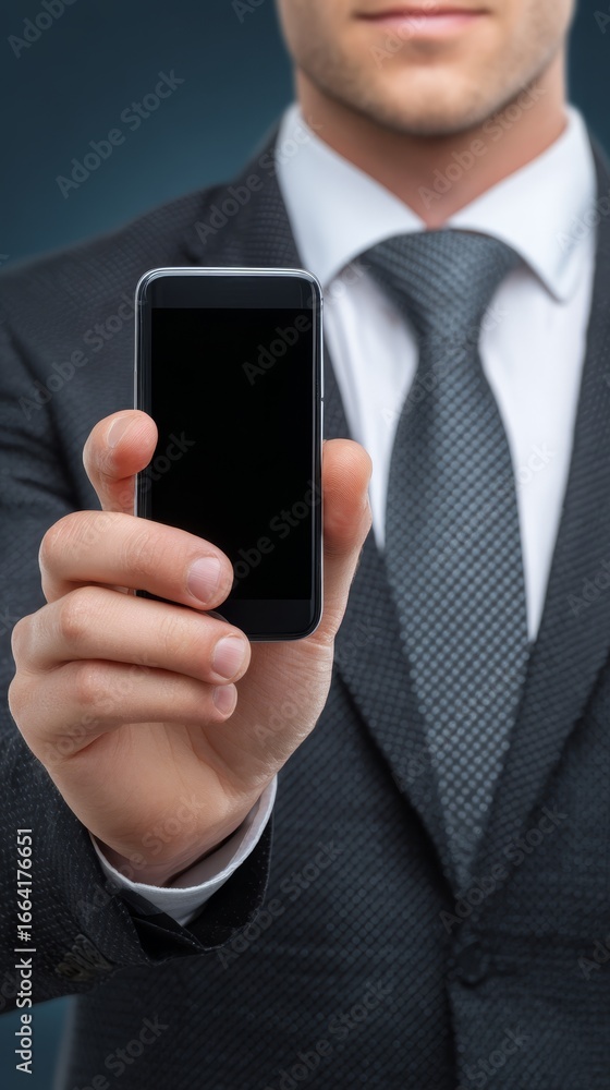 Poster a successful corporate executive in sleek professional business suit holds modern mobile device enga