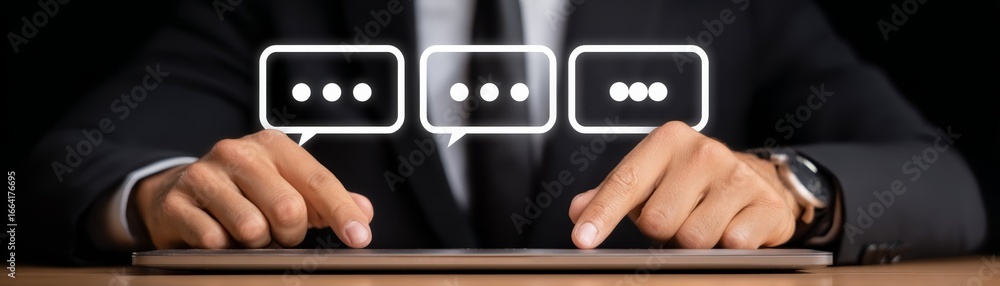 Poster a professional business person in a formal suit is holding an open laptop computer with a prominent 