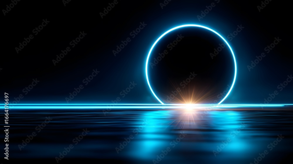 Aufkleber neon circle glowing over reflective surface with a distant light source