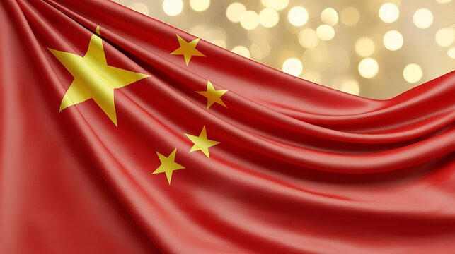 Waving chinese flag with golden stars and soft bokeh lights background for national pride and celebrations