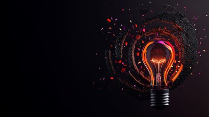 Glowing lightbulb on dark background with radiating circles and particle effects