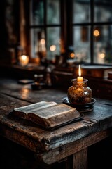 Antique Bible with Burning Candle on Rustic Wooden Table by Window &ndash; Peaceful Devotional Atmosphere