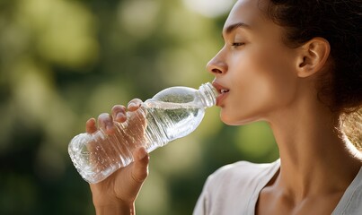 a young woman holding a transparent plastic water bottle and drinking fresh water.