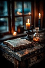 Antique Bible with Burning Candle on Rustic Wooden Desk by Window – Peaceful Vintage Devotional Scene