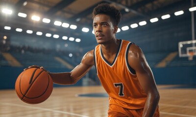 Focused basketball player dribbling ball on court