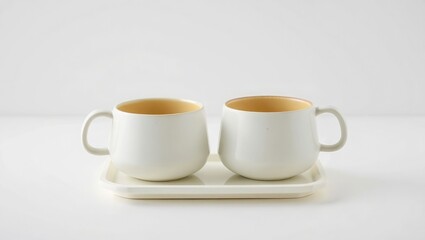Two white ceramic mugs with yellow interiors on a white tray