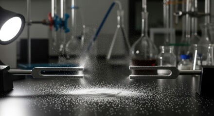 Vibrating Tuning Forks Ejecting Fine White Powder in a Laboratory Setting