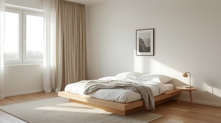 Minimalist bedroom interior with wooden bed and natural light through window