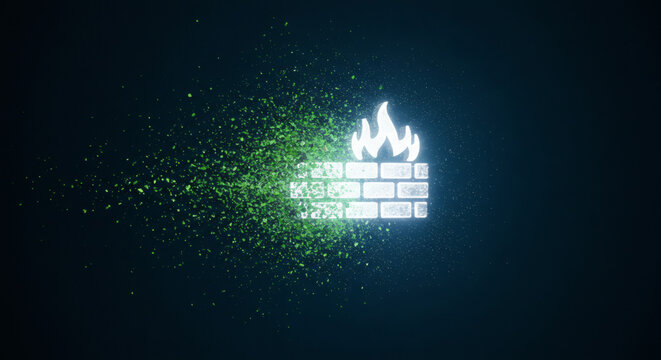 Abstract visualization of a robust digital firewall disintegrating into data particles, representing data security challenges, cyber attacks, and the evolving threat landscape