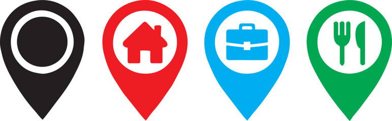 Map Pin Icon Set – Location Marker Collection with Home, Work & Restaurant Icons | GPS Vector Symbols on Transparent Background