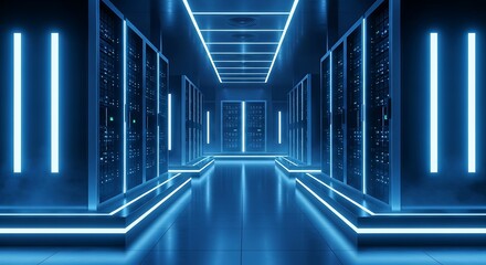 Futuristic data center server room with glowing blue neon lights.