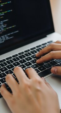 Hands typing on laptop keyboard, coding