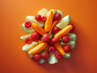 Colorful Fresh Fruit Arrangement on Orange Background