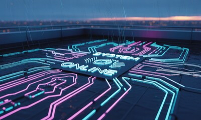 Futuristic circuit board on rooftop at night.  Advanced technology, illuminated circuits, system