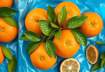 Juicy fresh oranges with vibrant green leaves, displayed on a bright blue plastic film background, background, closeup