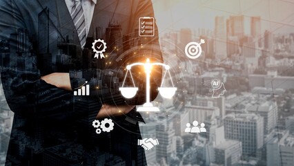 Futuristic digital law interface displaying justice scale, highlighting digital law, AI compliance,...