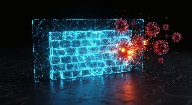 Digital defense shield actively repelling aggressive virus-like particles, symbolizing cybersecurity protection against malware and biological threats in a conceptual futuristic environment