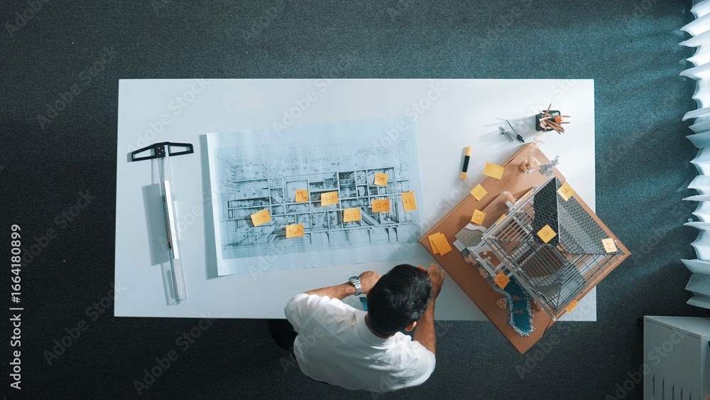 Poster top down view of architect engineer writing building structure idea on note and stick on blueprint. 