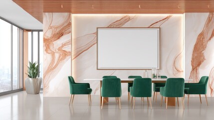 Modern dining area with a large blank framed canvas.