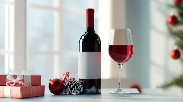 Red wine bottle glass pinecone Christmas gift decoration holiday festive celebration winter season cozy atmosphere with gift boxes and festive holiday spirit