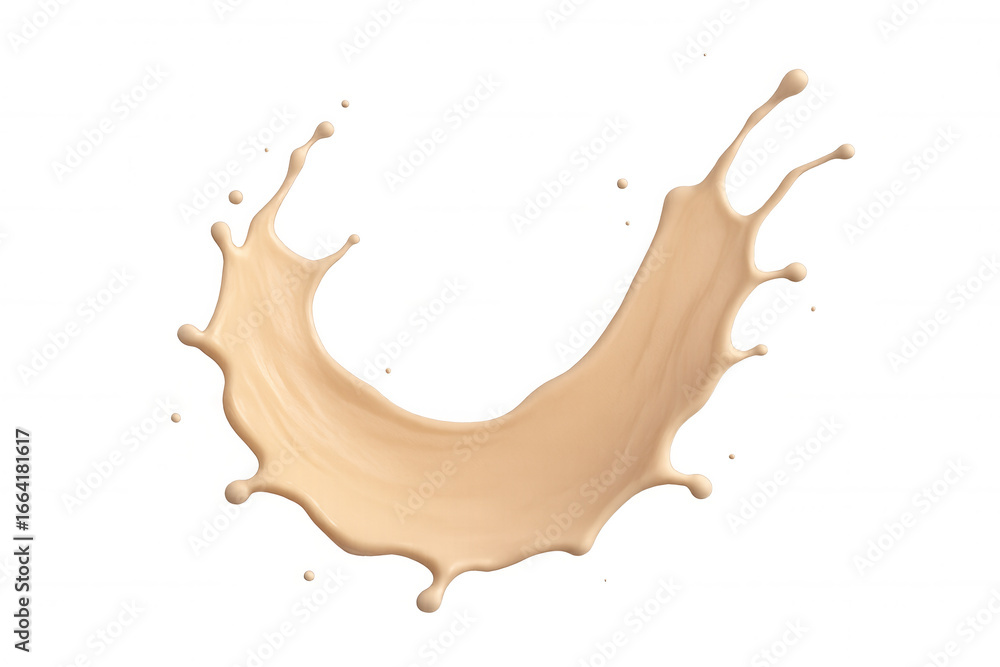Poster makeup foundation creating dynamic liquid splash arc, demonstrating product flow against transparent