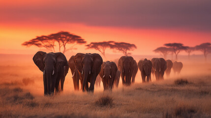 Obraz premium Herd Of African Elephants Walking Towards The Camera At Sunset - African Wildlife
