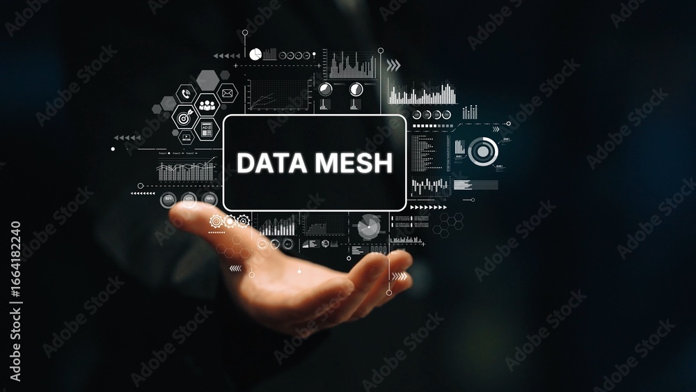 Poster modern data mesh concept with digital elements representing networking and data sharing in business 