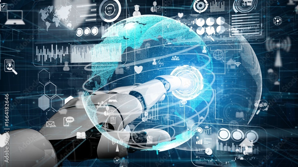 Poster a futuristic robot hand reaches towards a glowing digital globe, surrounded by various data visualiz