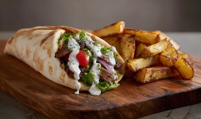 freshly prepared shawarma served on a rustic wooden board cookware, paired with golden crispy fried potatoes arranged neatly on the side. The shawarma is wrapped in warm pita bread