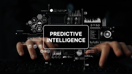 Hands on Keyboard with Digital Elements Representing Predictive Intelligence and Data Analysis...