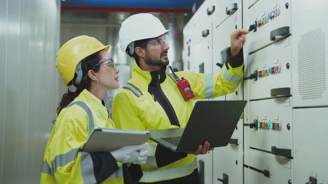 Industrial Cooling System Inspection Civil engineer manager and foreman worker conducting a thorough inspection of the building's industrial air conditioning and water cooling tower