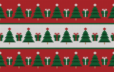 Knitted pattern seamless fabric Christmas tree and gift. traditional knitted pattern vector. Designed for knitted pattern ,fabric ,background ,wallpaper ,Christmas ,embroidery ,carpet ,textile