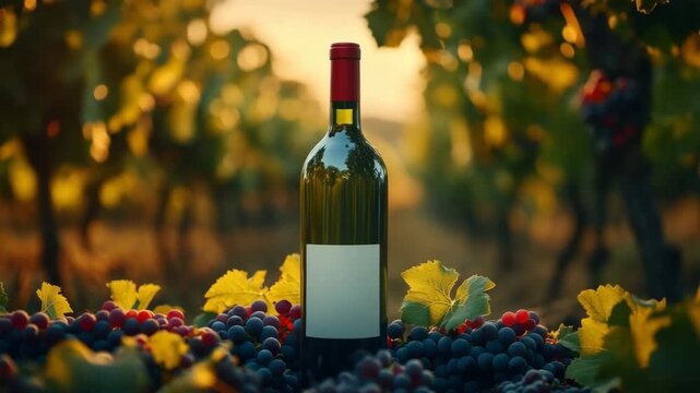 Wine bottle with blank label surrounded by ripe grape clusters and vineyard leaves in warm sunset light, evoking peaceful nature and rich harvest atmosphere with red wine and green bottle elements