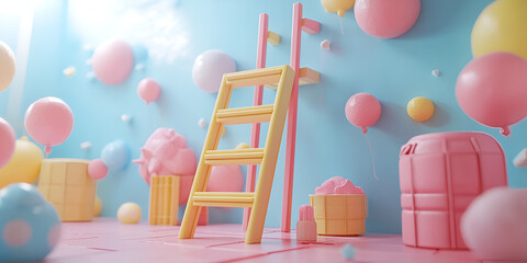 Colorful Playroom Scene with Ladder and Floating Balls in Pastel Pink Blue Yellow Tones