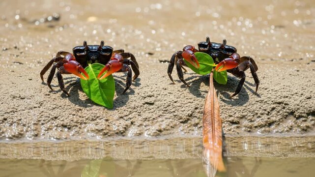 Two small crabs with bright orange claws are holding green leaves while standing on a sandy shore near the water