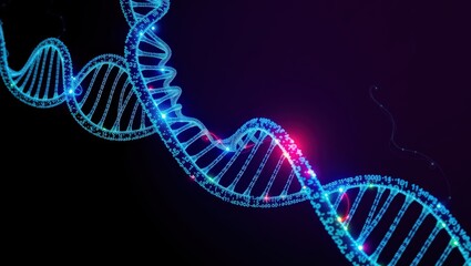 A glowing digital dna double helix strand with binary code on a dark background in a futuristic style