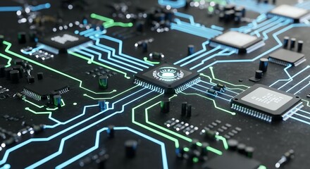 Fototapeta premium Detailed view of a circuit board with glowing blue and green pathways and microchips. Concept for future technology, digital solutions and electronic innovation