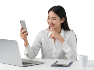 Smiling asian businesswoman showcasing smartphone content during remote meeting with isolated