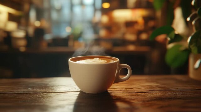Steaming hot coffee cup with latte art on wooden table in cozy cafe with warm light and blurred background creating relaxing atmosphere for hot drink beverage lovers