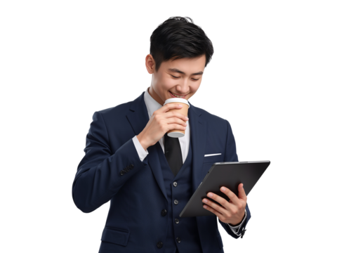 Smiling asian businessman holding tablet and drinking coffee on a transparent isolated background,