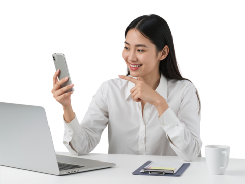 Smiling asian businesswoman showcasing smartphone content during remote meeting with isolated