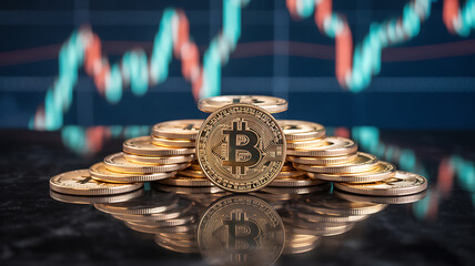 Bitcoin coin on top of stacked coins with blurred trading chart background cryptocurrency